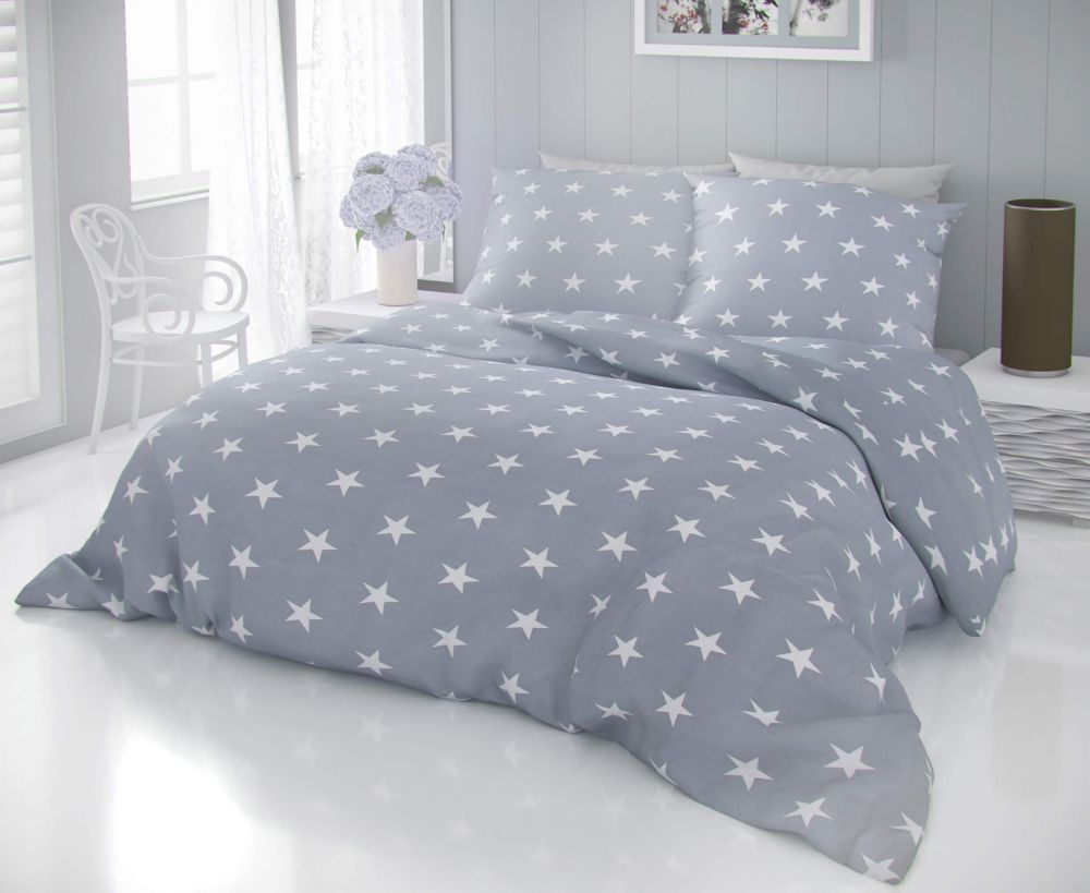 Kvalitní bavlněné povlečení s motivem bílých hvězd na šedém podkladu DELUX STARS šedé Kvalitex
